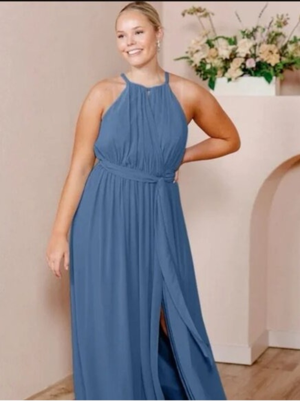 Dusty Blue Eliza Chiffon Faux Wrap Dress